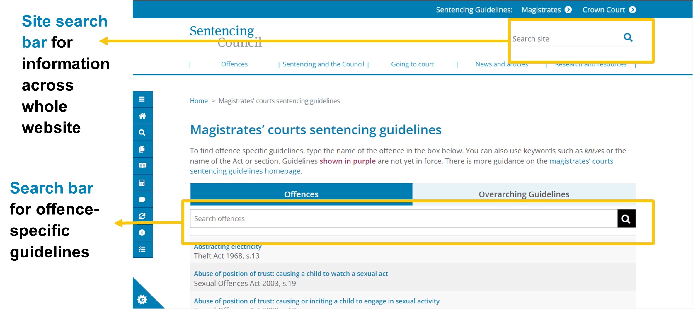 Image of the Magistrate Court offence guideline landing page showing the two different search bars available to users.