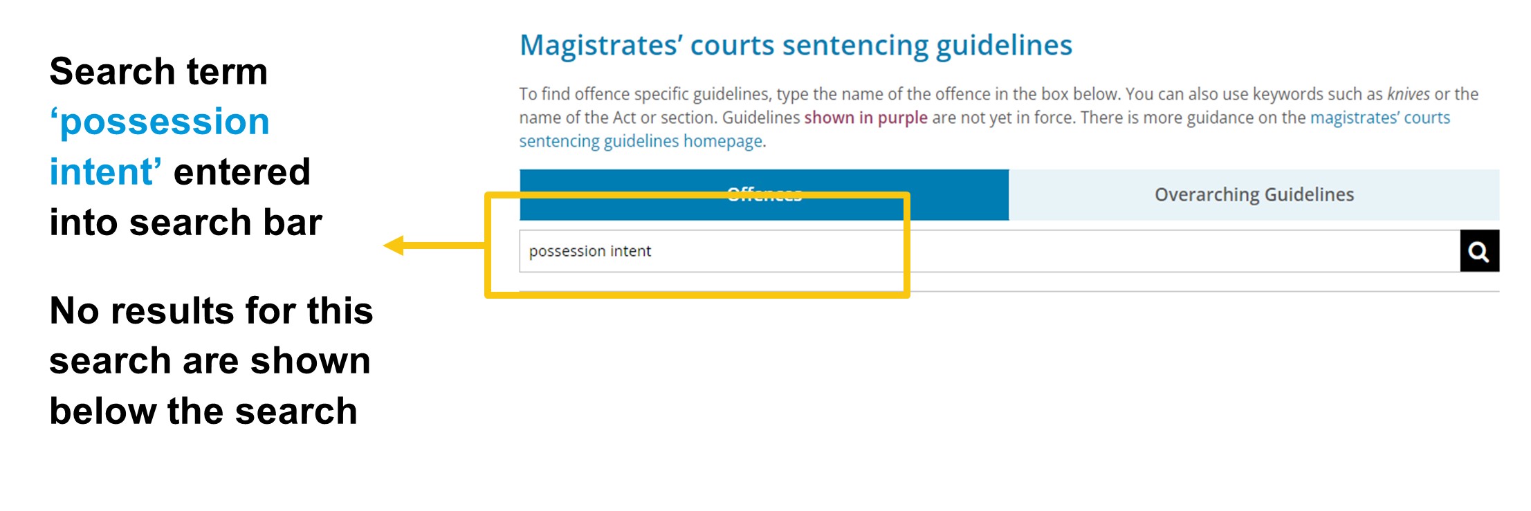 Image showing how entering "possession intent" into the guideline search bar produced no results