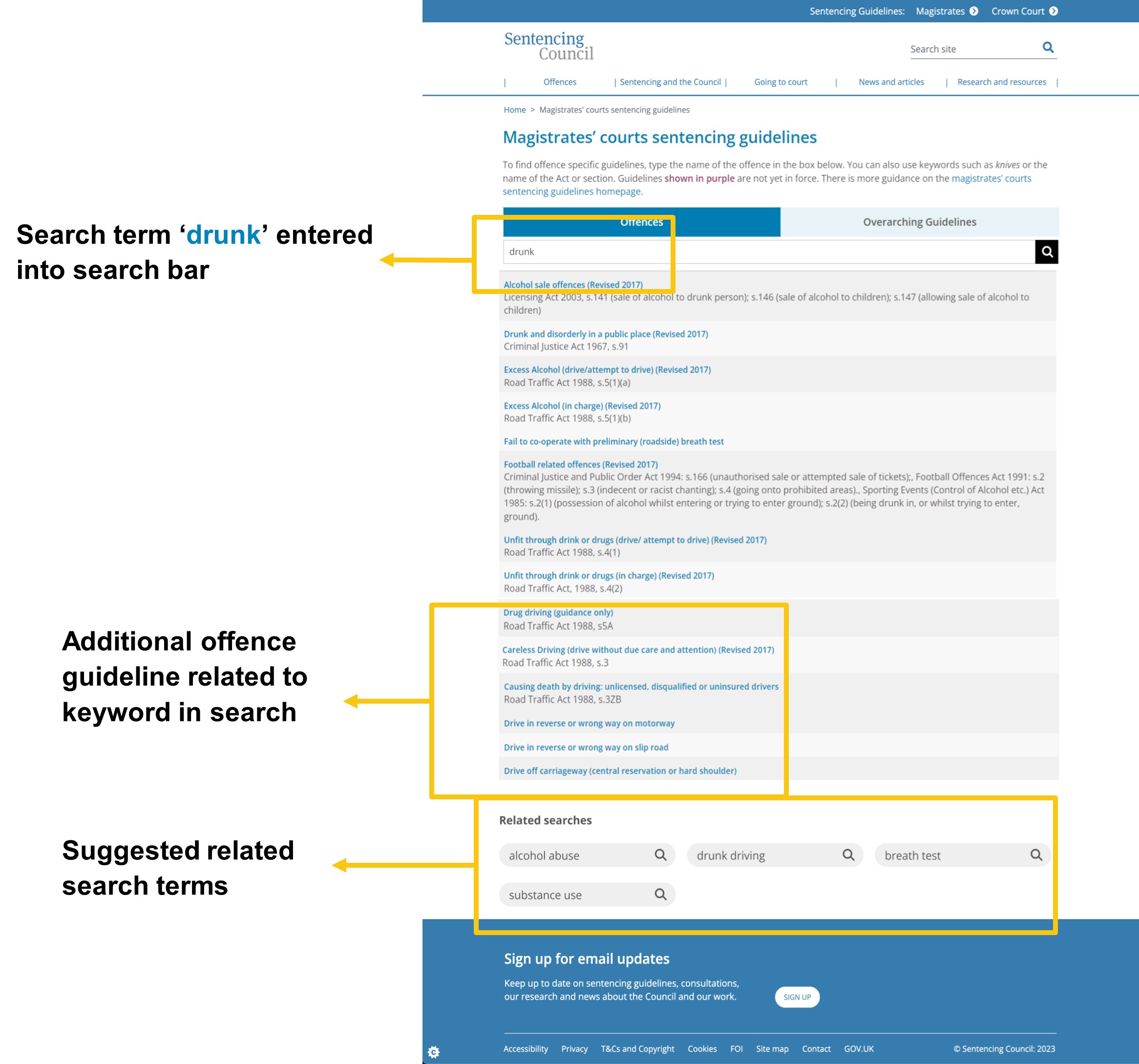 Image showing a mock-up of recommendation A1. The search term "drunk" entered in the guideline search bar returns additional guideline related to the keyword, as well as suggested related search terms