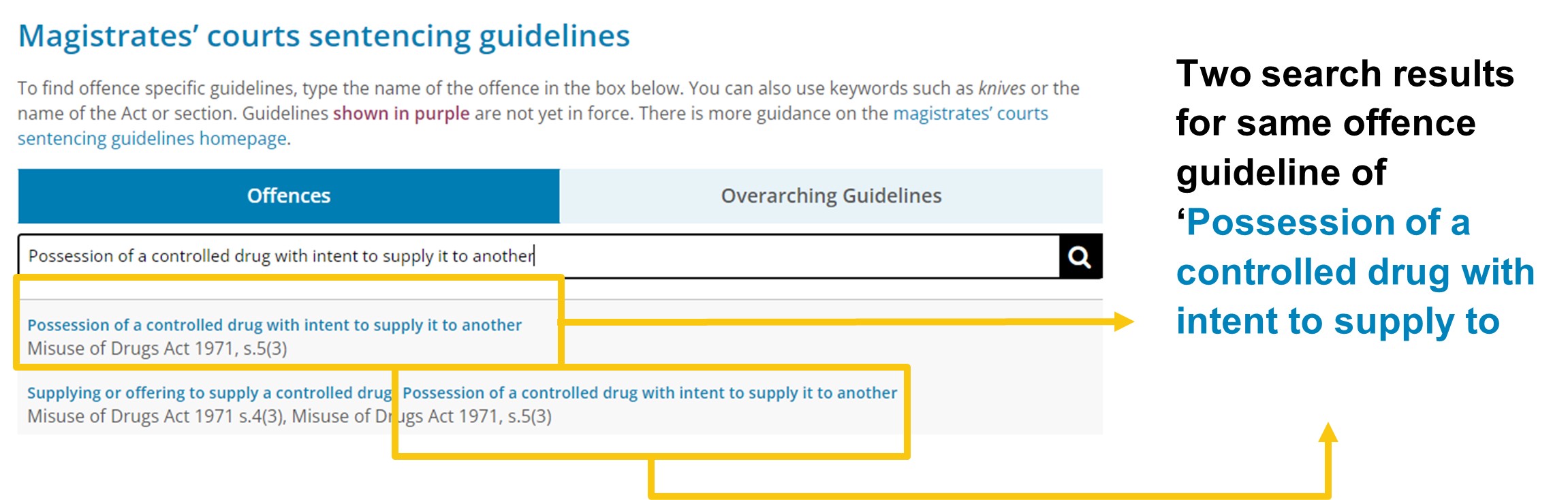 Image showing how entering the term "possession of a controlled drug with intent to supply it to another" returns two results for the same guideline