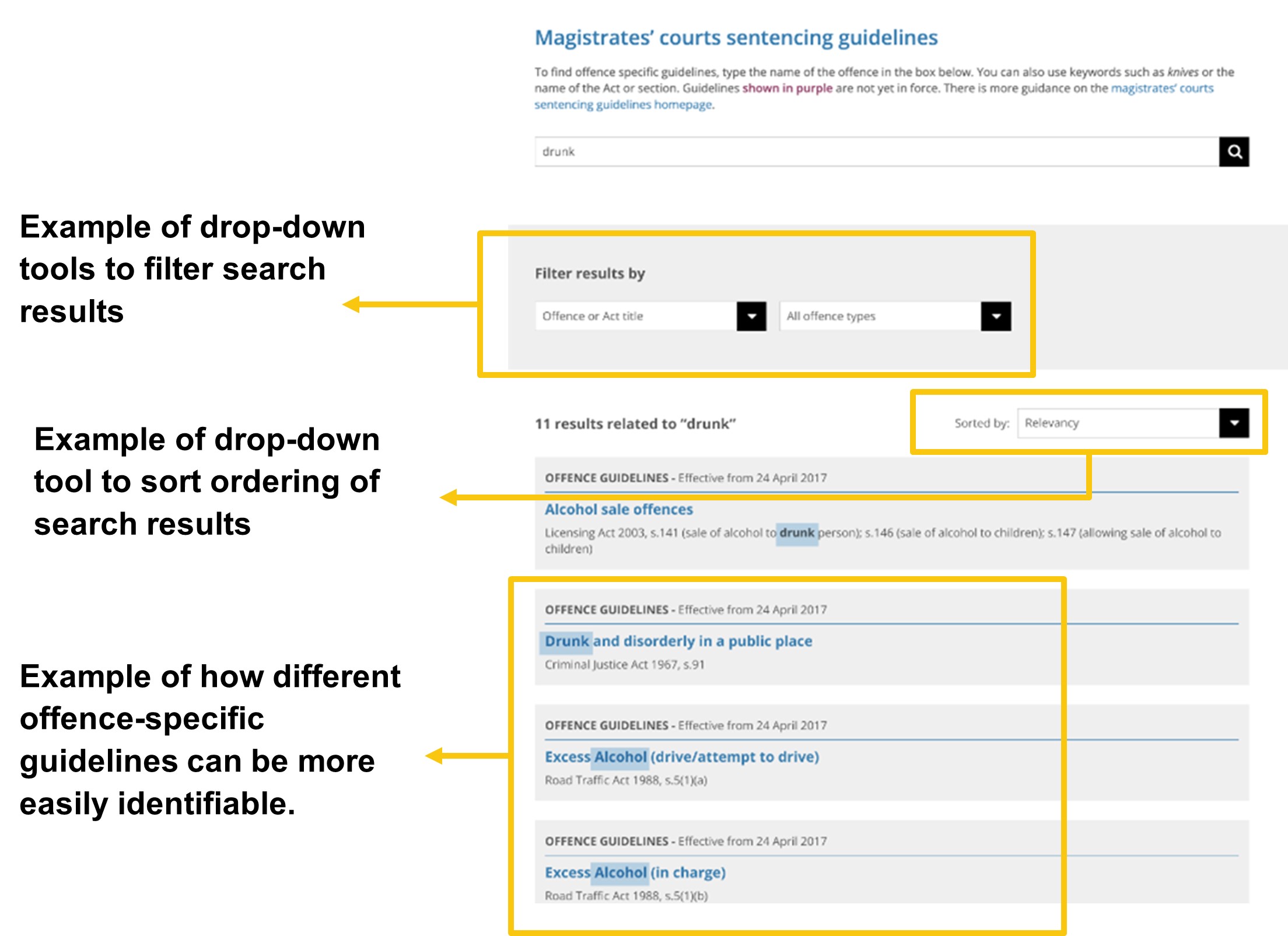 Image showing a mock up of recommendation A2. Drop downs allow users to filter and sort search results. Guidelines are made more easily identifiable with blue highlight