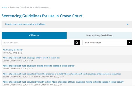 Image showing the drop down filter of offence types for Crown Court guidelines