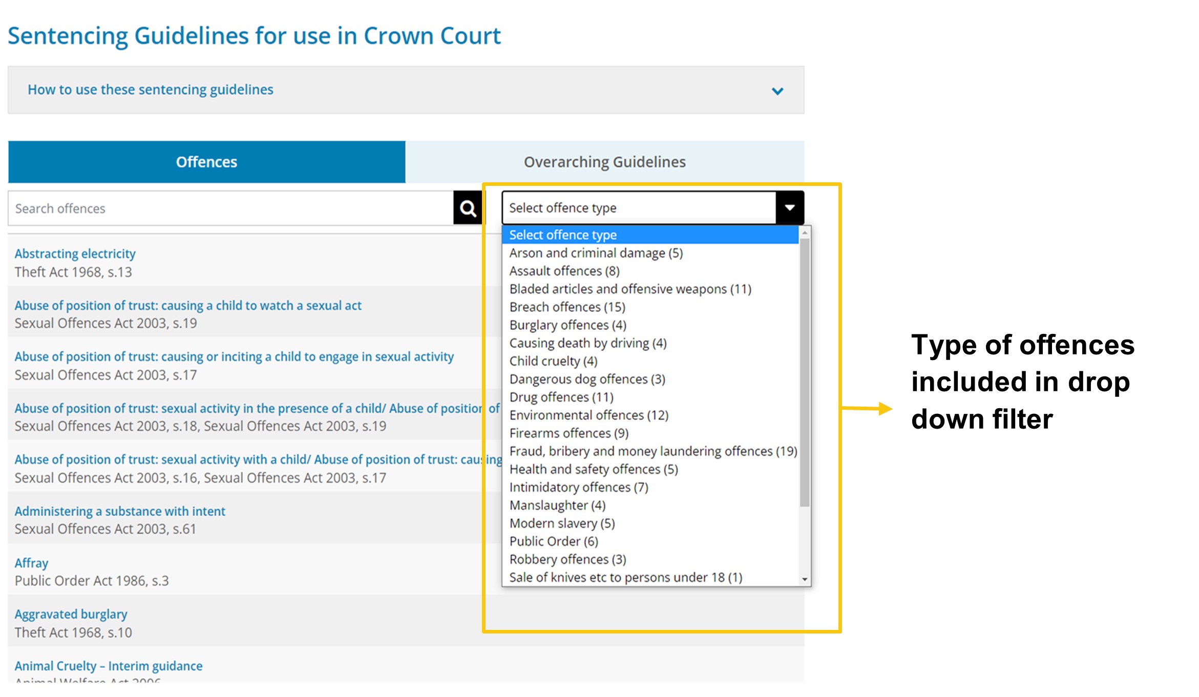 Image of the list of offence types within the drop down filter in Crown Court guidelines