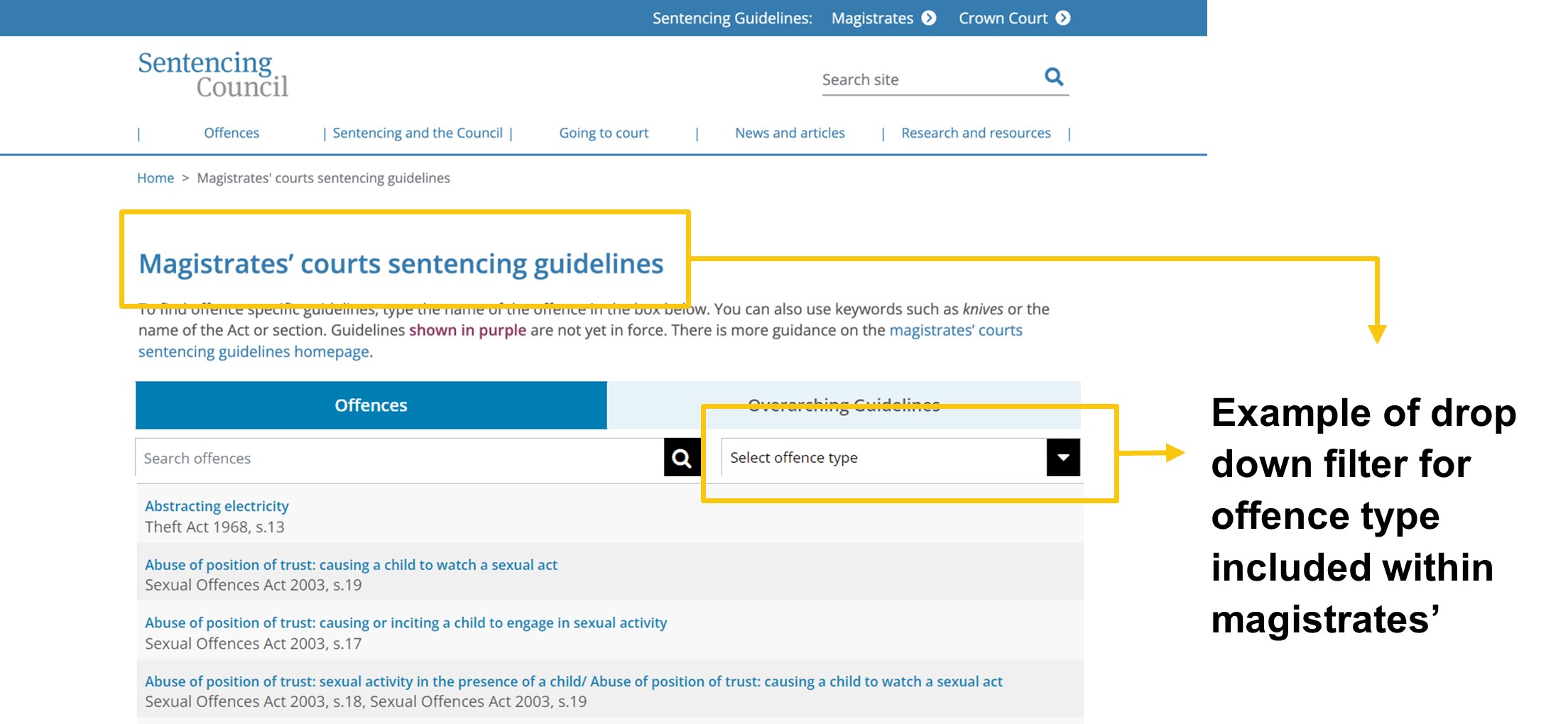 Image showing a mock up of recommendation A4. The magistrates' courts guidelines have a drop down filter by offence type