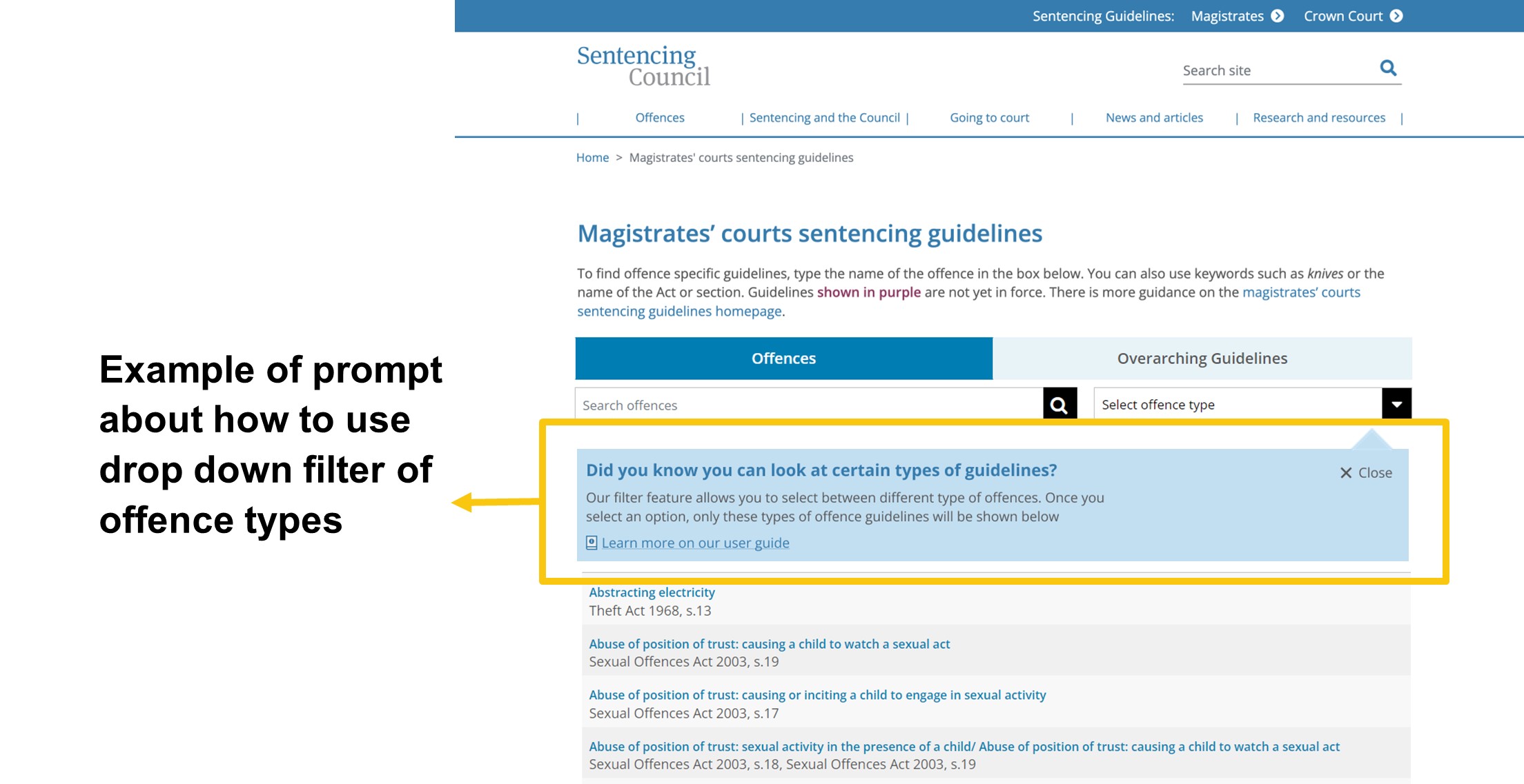 Image showing a mock up of recommendation A5. A prompt provides users with information about how to filter by offence type