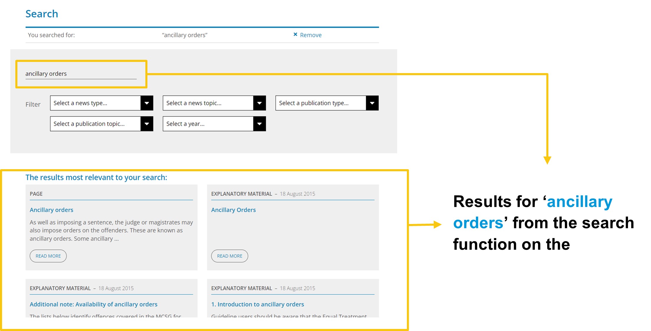 Image showing the search results from entering the term "ancillary orders" in the search site search bar