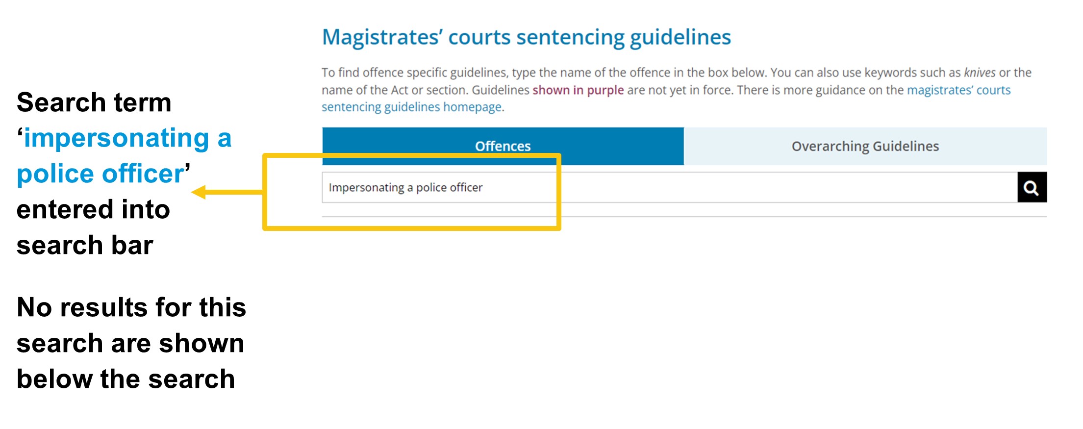 Image showing how no results are returned from entering "impersonating a police officer" into the guideline search bar