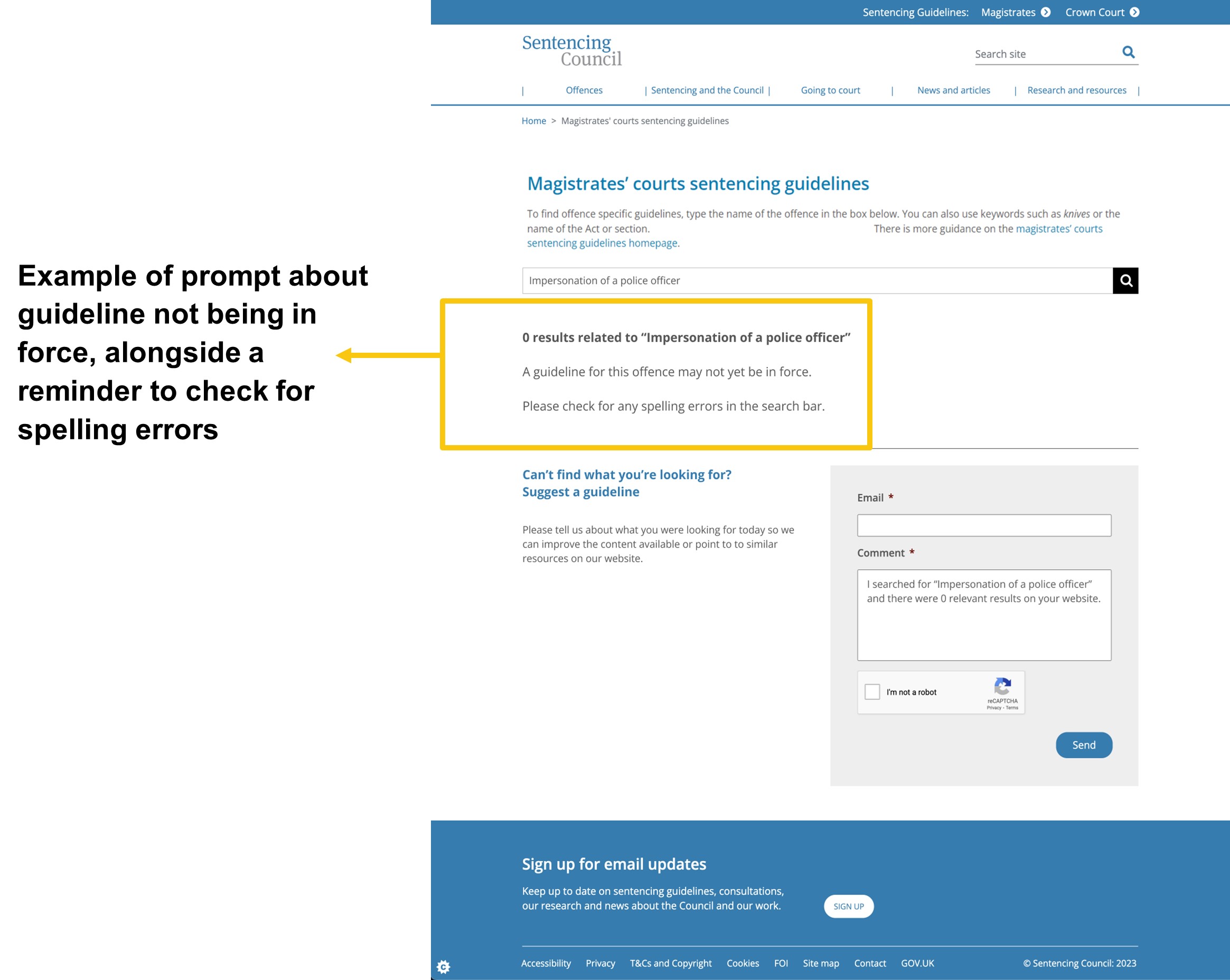 Image showing a mock up of recommendation A7. A prompt is provided saying a guideline may not be in force and asking the user to check for spelling errors