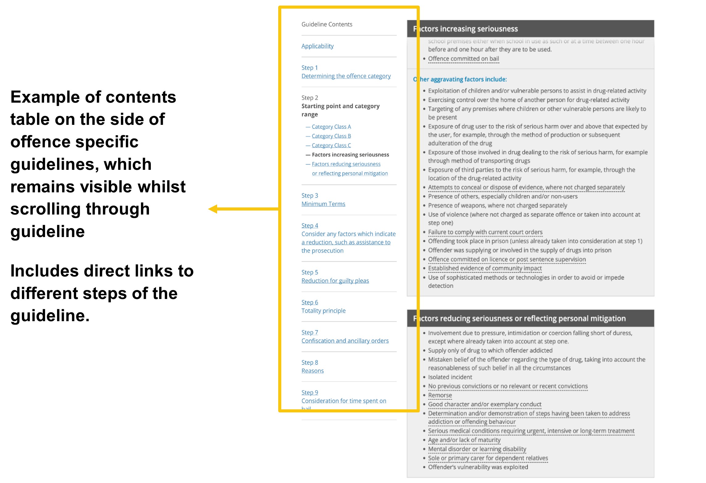 Image of a mock up of recommendation B1. A contents table is visible on the left hand side, visible while scrolling down, providing links to the different steps of the guideline