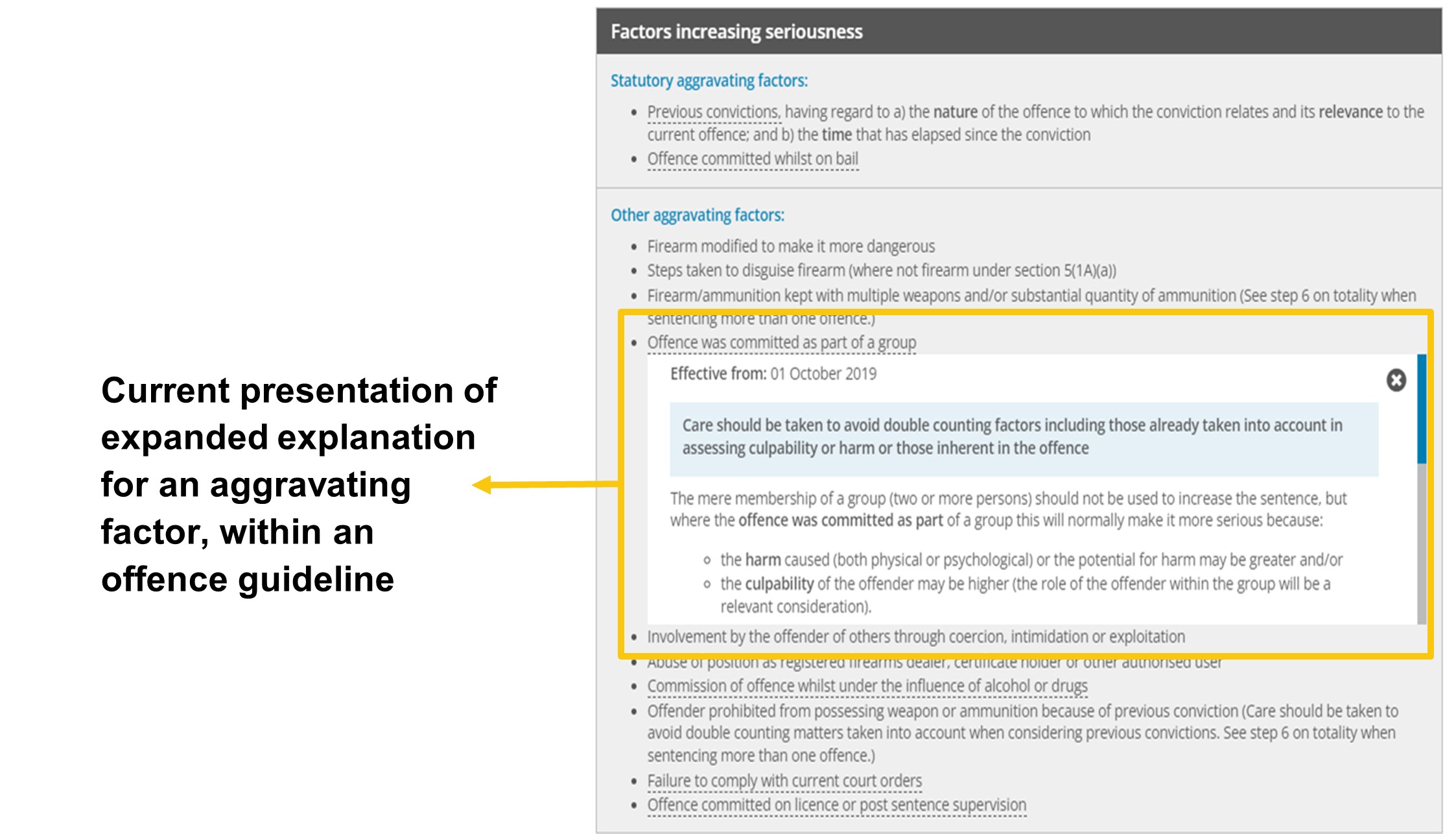 Image showing how an expanded explanation for an aggravating factor is currently presented in a guideline