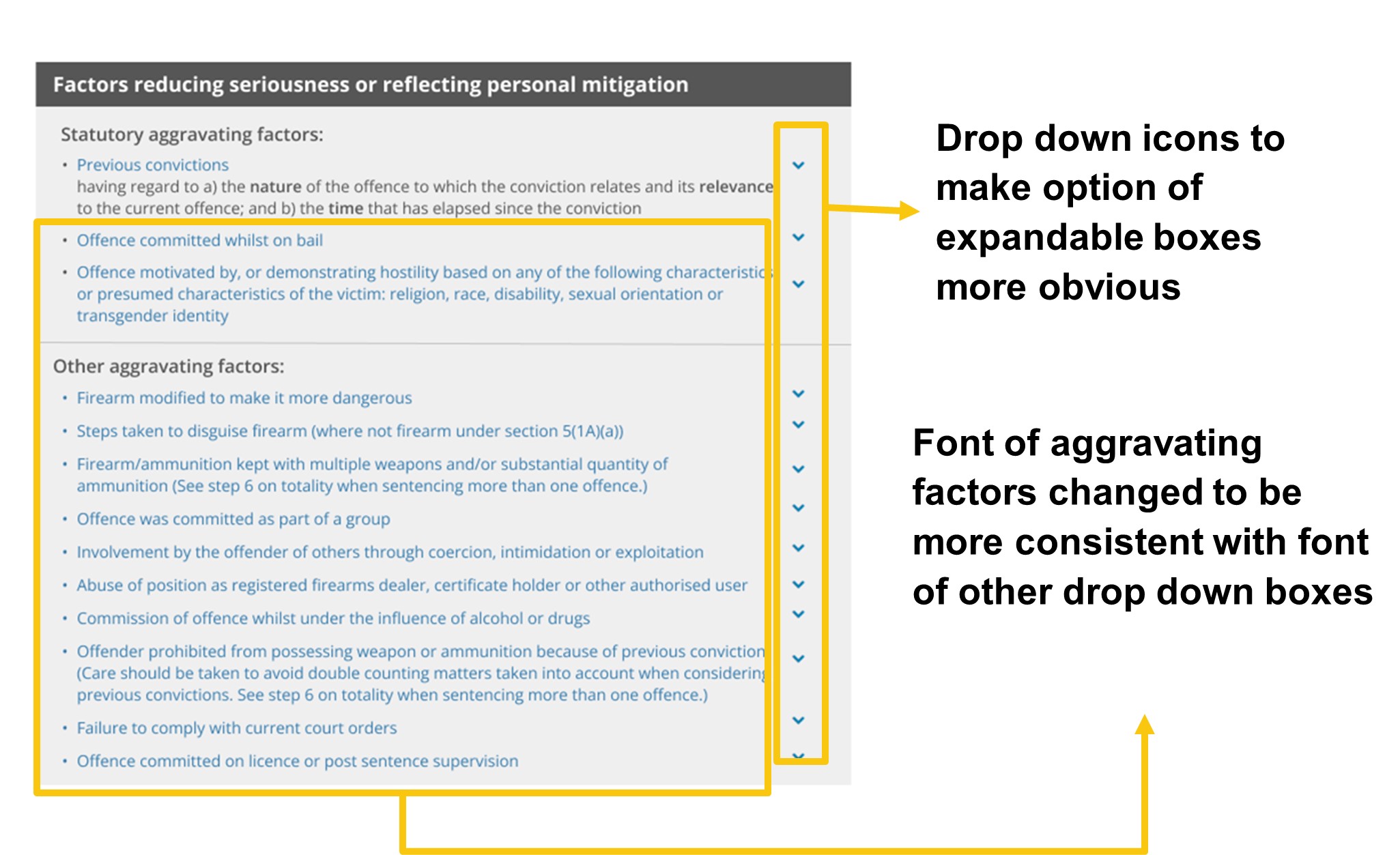 Image showing a mock up of recommendation B2. Down arrows on the right hand side make the option of expandable boxes more obvious and the font is changed to be more consistent with other drop downs in the guidelines
