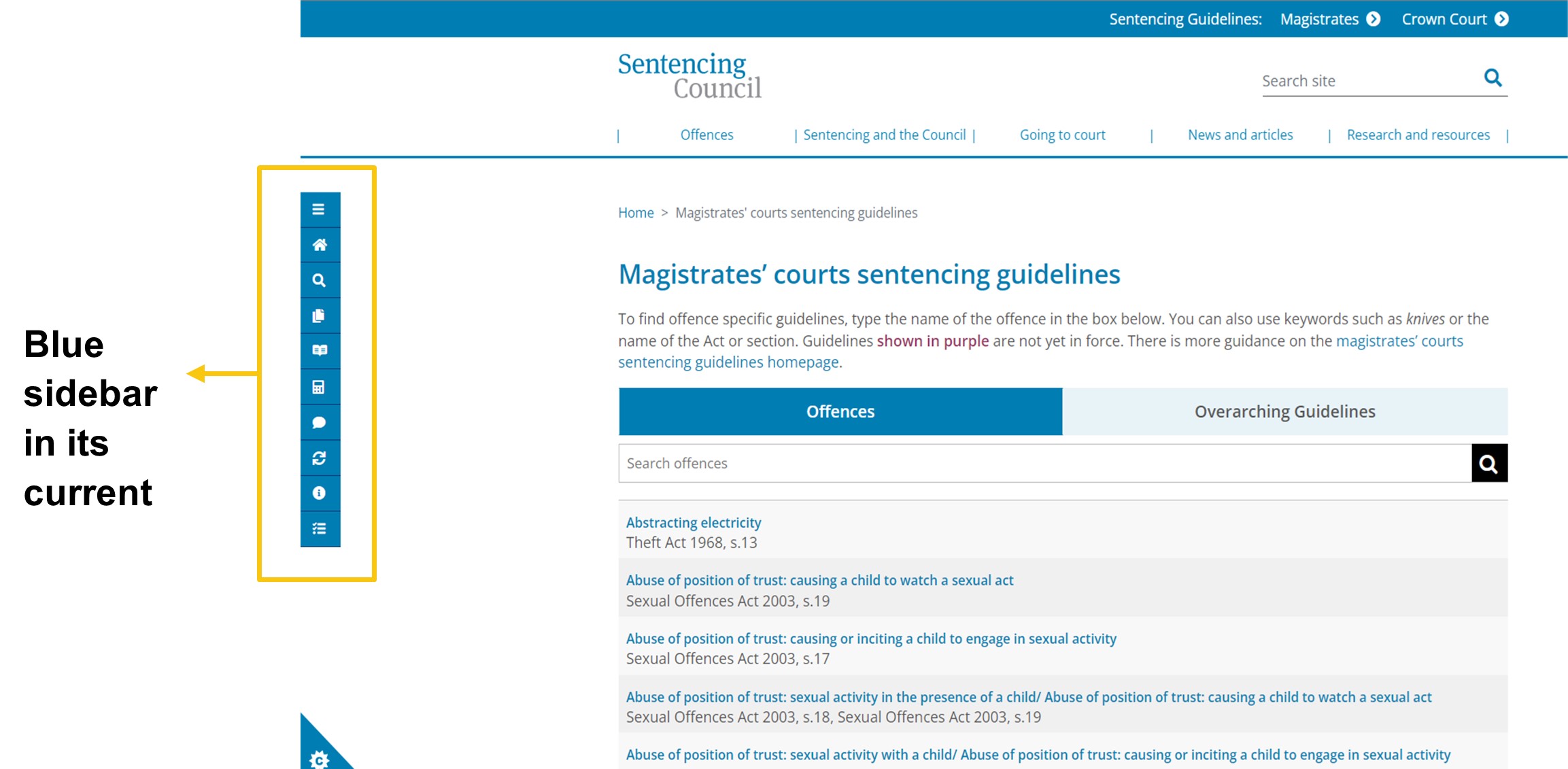 Image showing the blue sidebar on the magistrates' court guideline page.