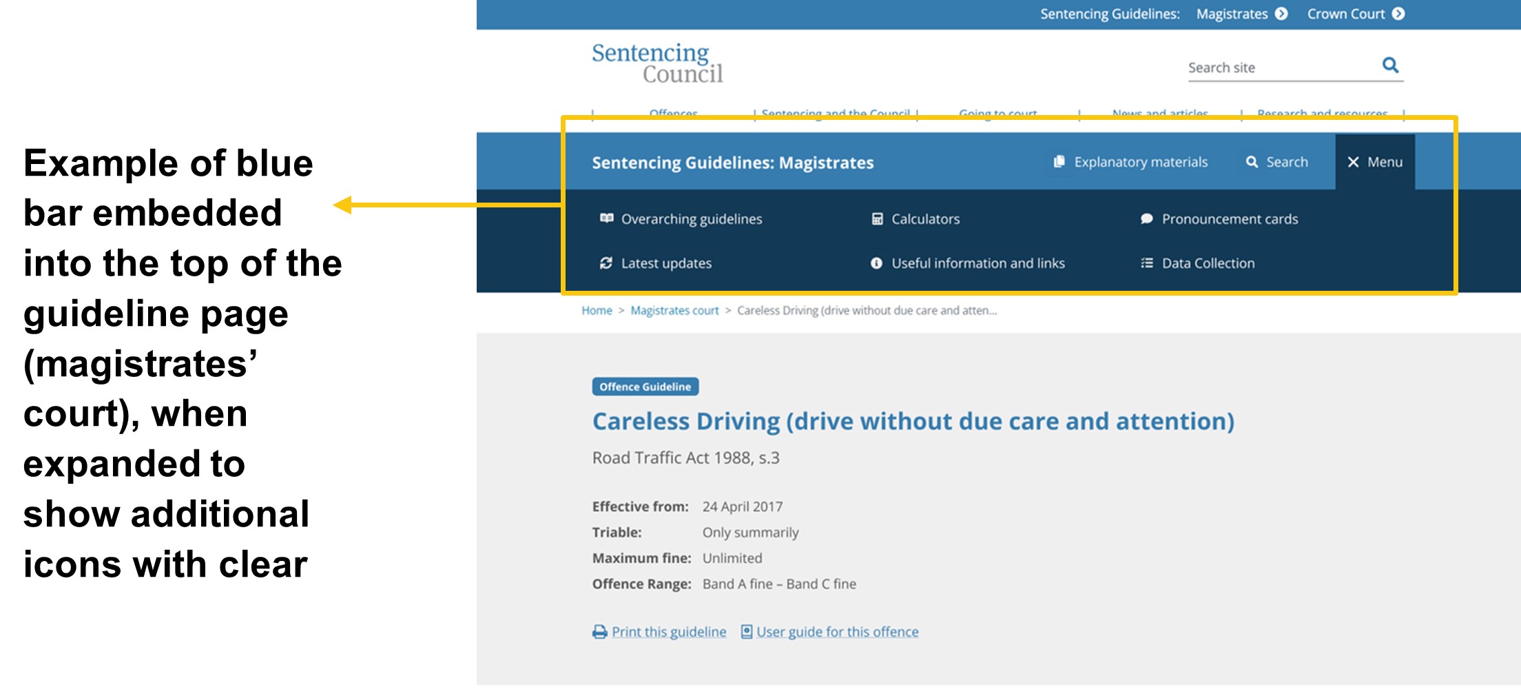 Image showing a mock up for recommendation C1. The embedded blue bar on the magistrates court guidelines page is expanded to show more icons with clear labels