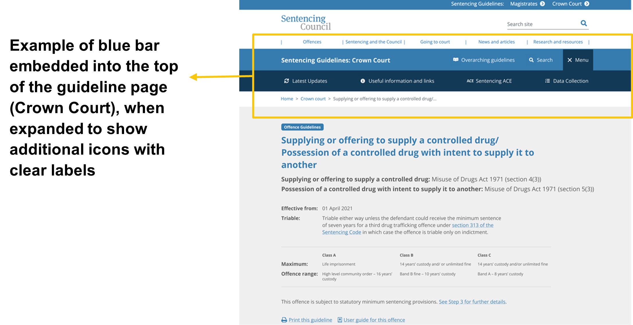 Image showing a mock up for recommendation C1. The embedded blue bar on the Crown Court guidelines page is expanded to show more icons with clear labels