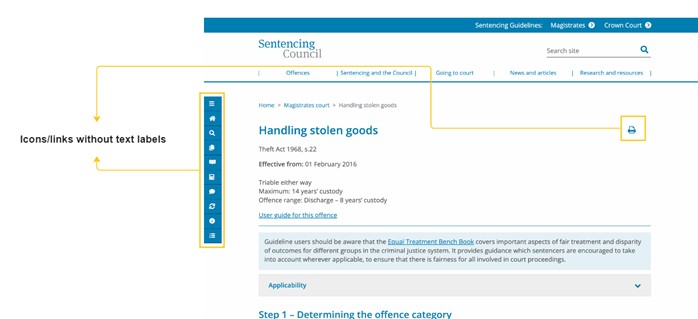 Image showing icons in the blue sidebar and the print guideline icon, without text labels