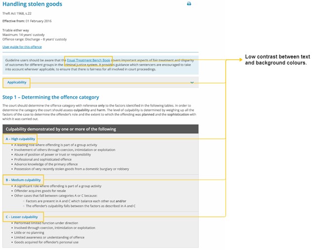Image showing low colour contrast in the offence specific guidelines. Examples of blue text against blue and grey backgrounds.